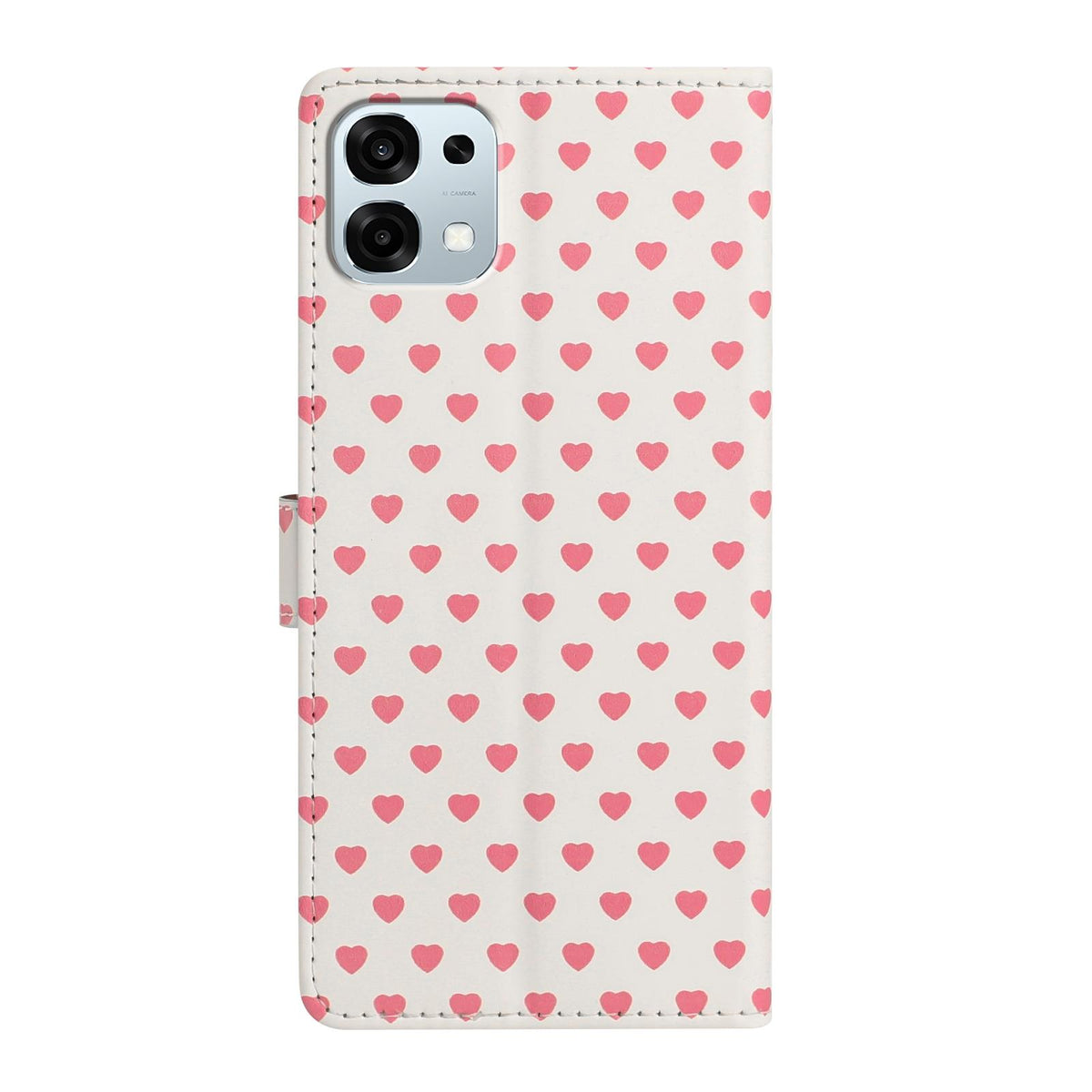 For OPPO A6 Pro 5G Global CPH2781 Hearts Pattern Buckle Vegan Leather Phone Case with Strap - Beige Hearts - EDA009716204F