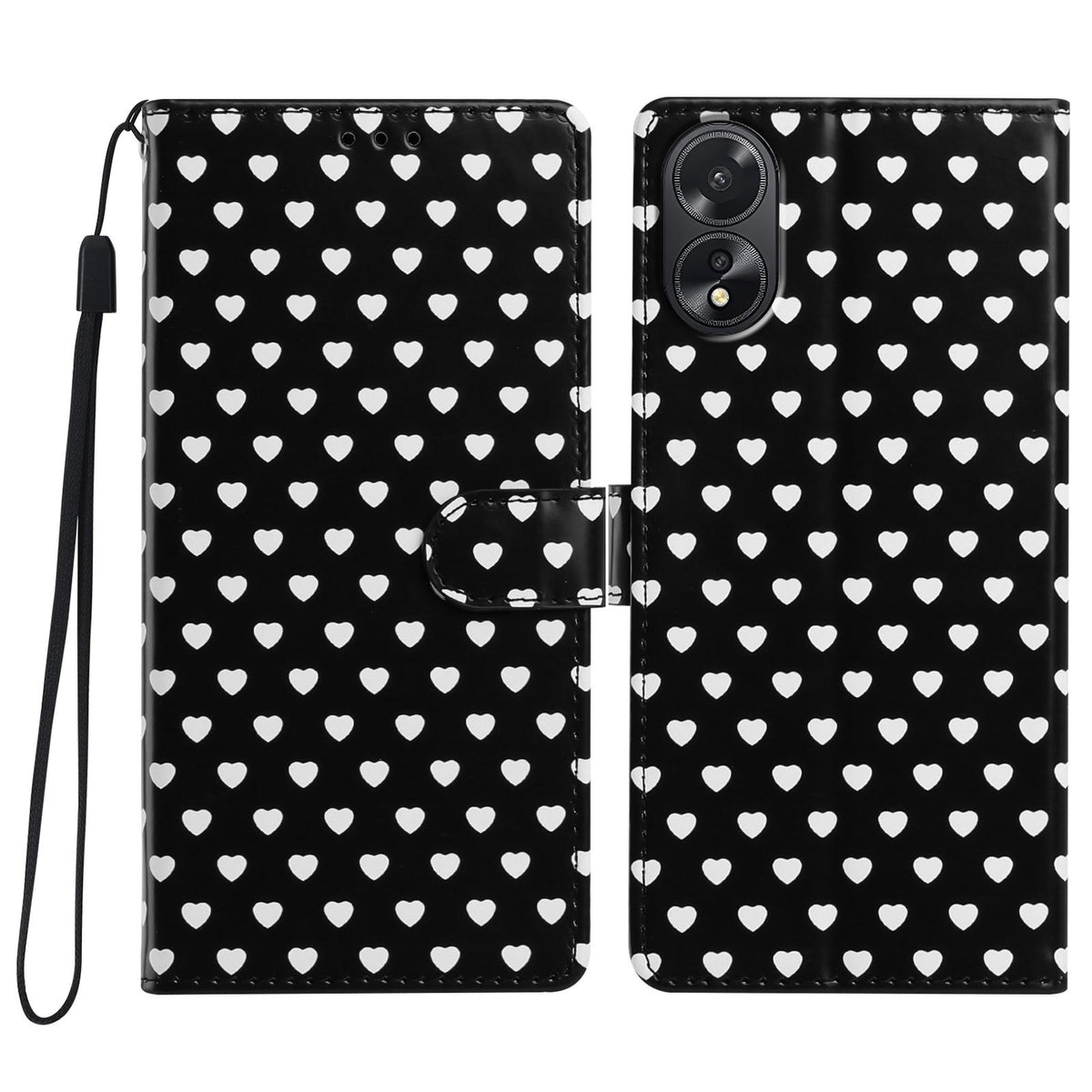 For OPPO A18 Hearts Pattern Buckle Vegan Leather Phone Case with Strap - Black Hearts - EDA009716206A