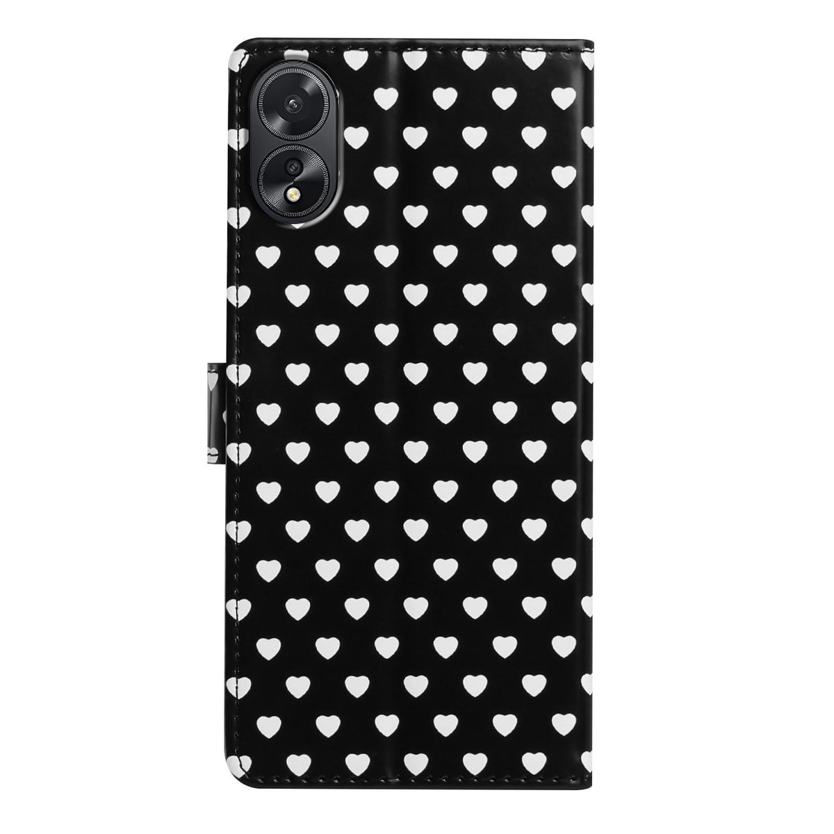 For OPPO A18 Hearts Pattern Buckle Vegan Leather Phone Case with Strap - Black Hearts - EDA009716206A