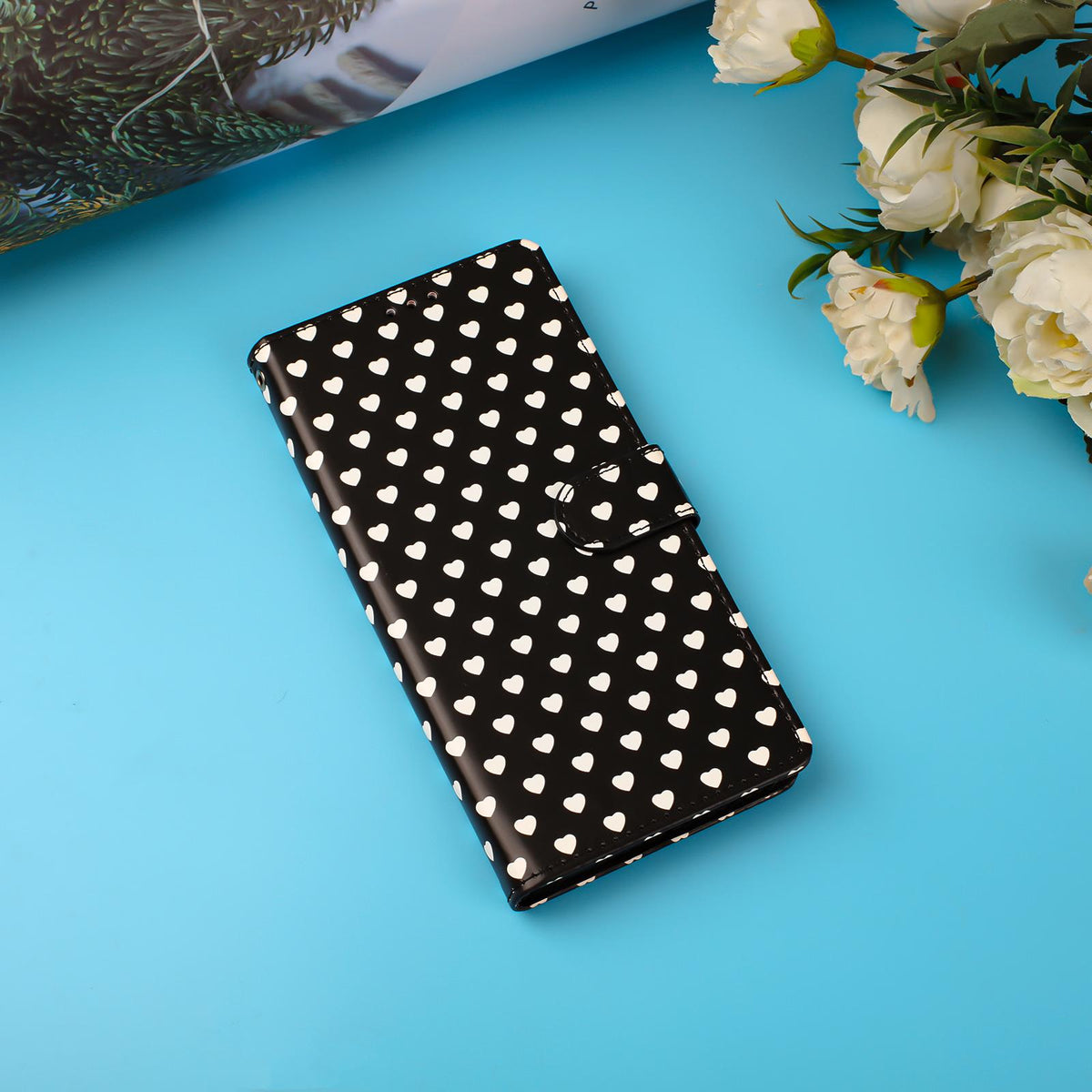 For OPPO A18 Hearts Pattern Buckle Vegan Leather Phone Case with Strap - Black Hearts - EDA009716206A