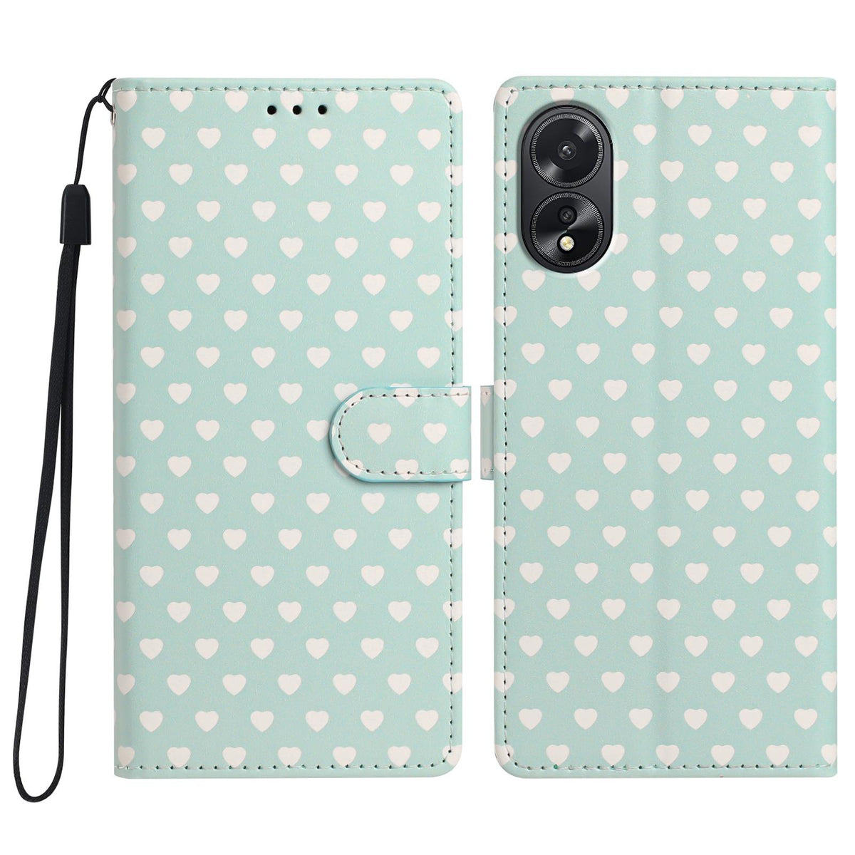 For OPPO A18 Hearts Pattern Buckle Vegan Leather Phone Case with Strap - Mint Green Hearts - EDA009716206D