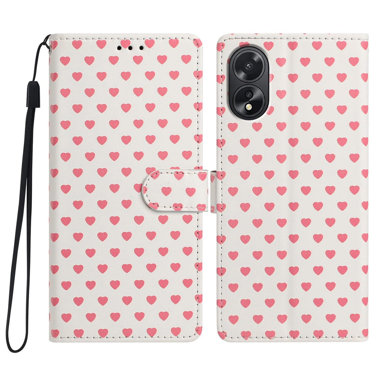 For OPPO A18 Hearts Pattern Buckle Vegan Leather Phone Case with Strap - Beige Hearts - EDA009716206F