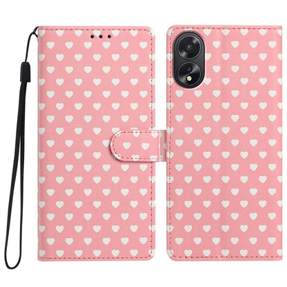 For OPPO A38 Hearts Pattern Buckle Vegan Leather Phone Case with Strap - Pink Hearts - EDA009716207B