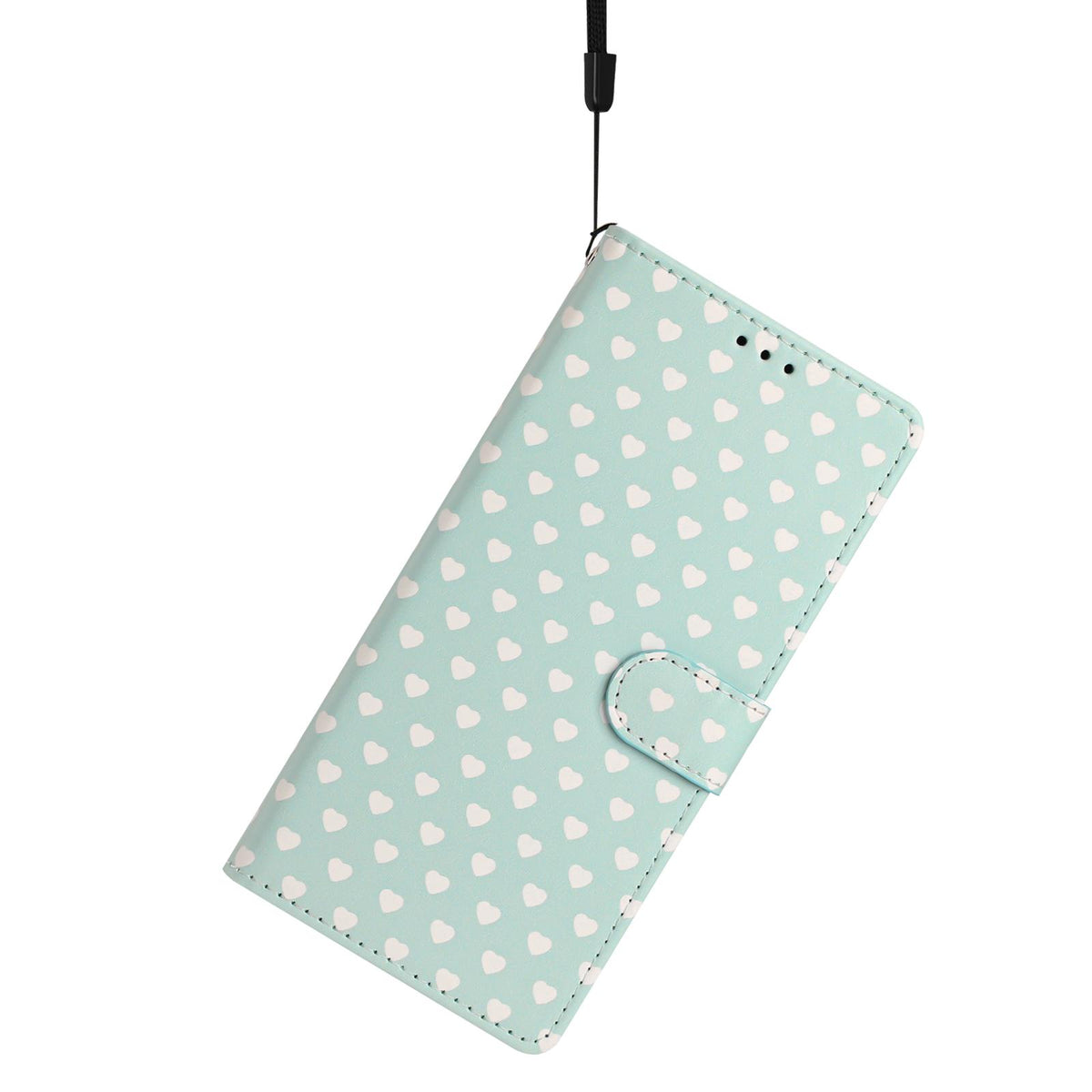 For OPPO A38 Hearts Pattern Buckle Vegan Leather Phone Case with Strap - Mint Green Hearts - EDA009716207D
