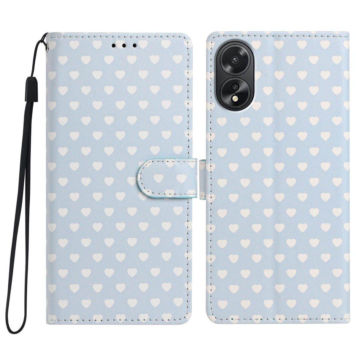 For OPPO A38 Hearts Pattern Buckle Vegan Leather Phone Case with Strap - Blue Hearts - EDA009716207E