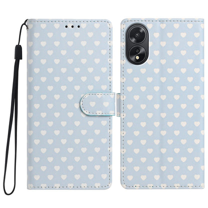 For OPPO A38 Hearts Pattern Buckle Vegan Leather Phone Case with Strap - Blue Hearts - EDA009716207E