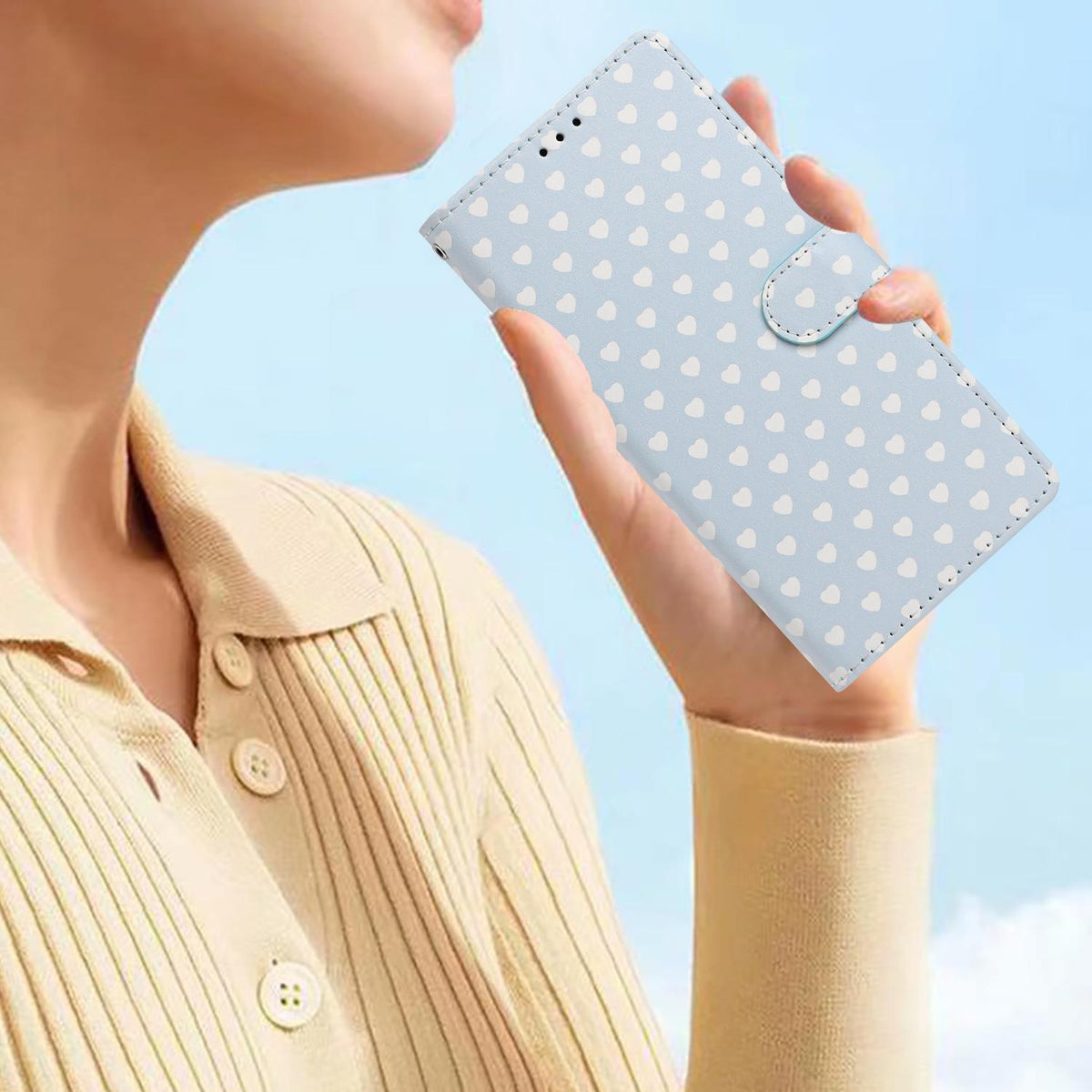 For OPPO A38 Hearts Pattern Buckle Vegan Leather Phone Case with Strap - Blue Hearts - EDA009716207E