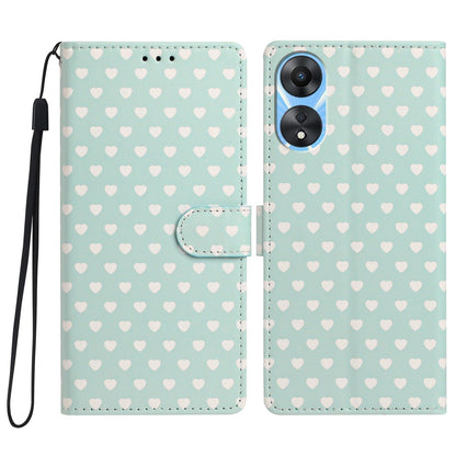 For OPPO A78 Hearts Pattern Buckle Vegan Leather Phone Case with Strap - Mint Green Hearts - EDA009716208D