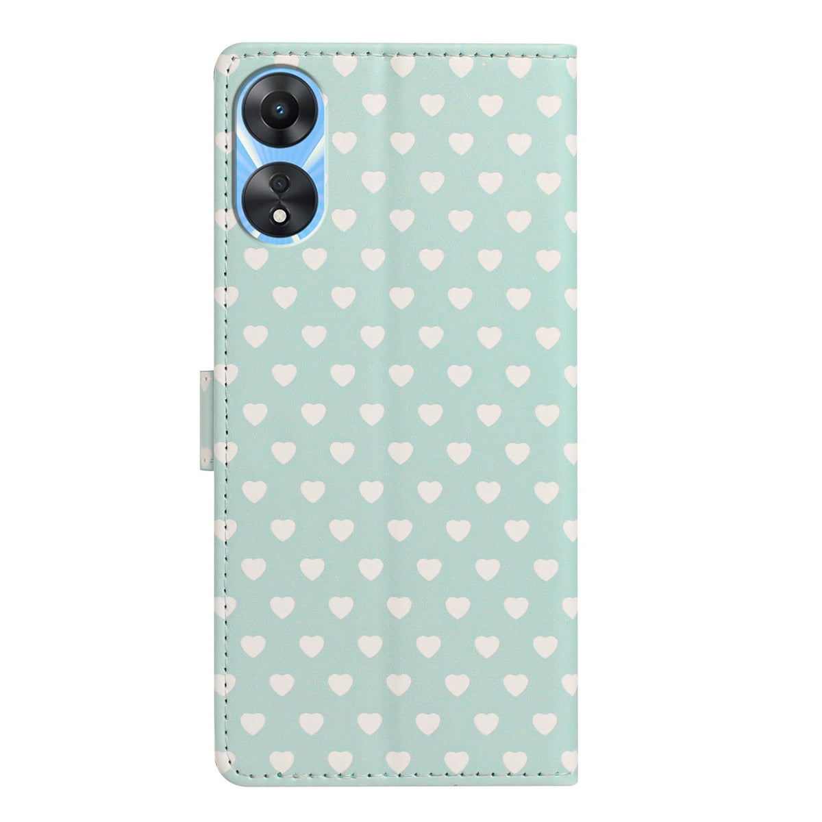 For OPPO A78 Hearts Pattern Buckle Vegan Leather Phone Case with Strap - Mint Green Hearts - EDA009716208D