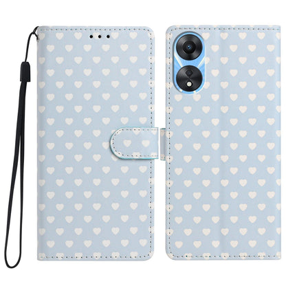 For OPPO A78 Hearts Pattern Buckle Vegan Leather Phone Case with Strap - Blue Hearts - EDA009716208E