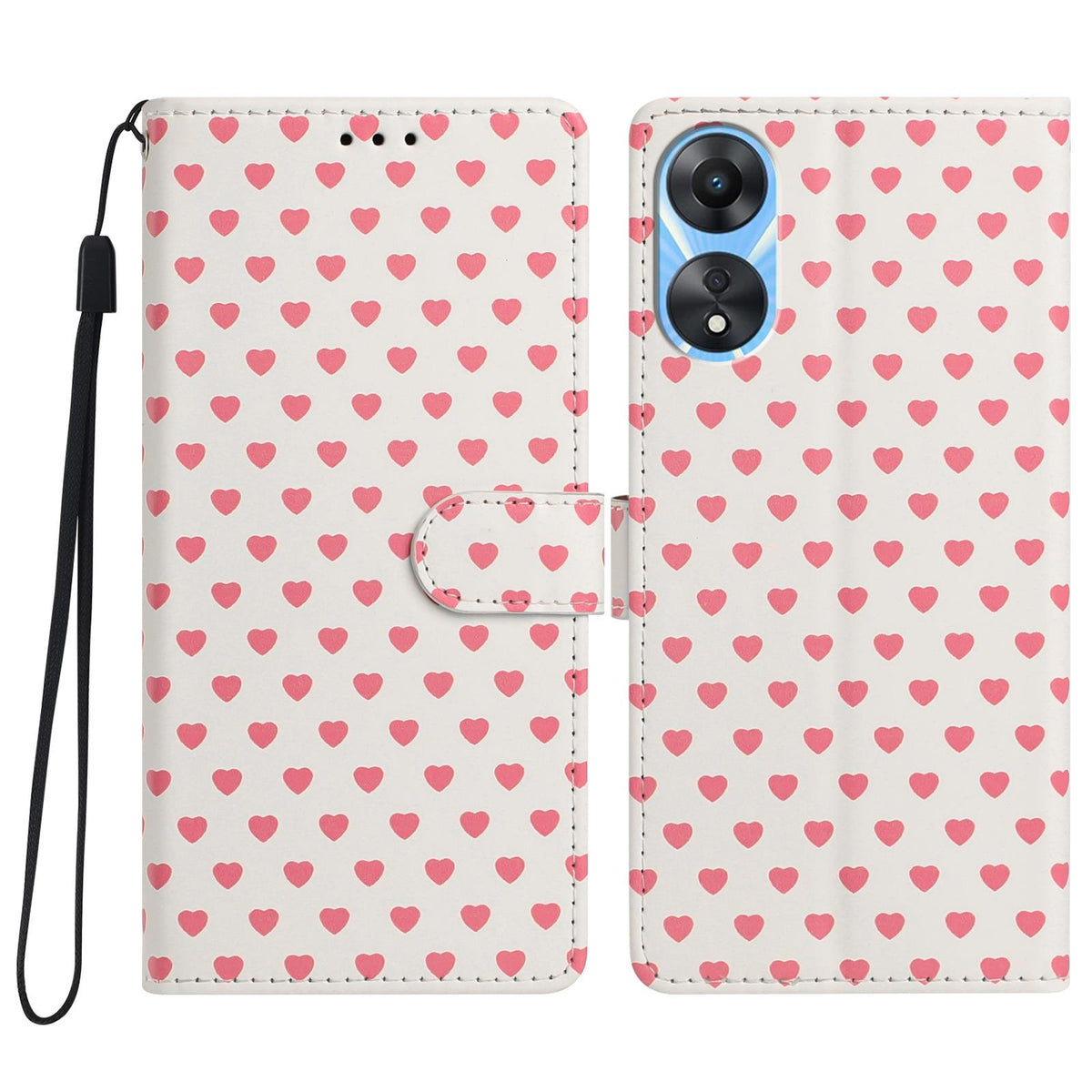 For OPPO A78 Hearts Pattern Buckle Vegan Leather Phone Case with Strap - Beige Hearts - EDA009716208F
