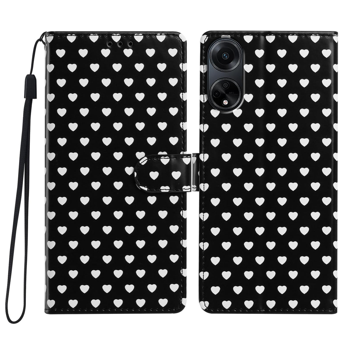 For OPPO A98 Hearts Pattern Buckle Vegan Leather Phone Case with Strap - Black Hearts - EDA009716210A
