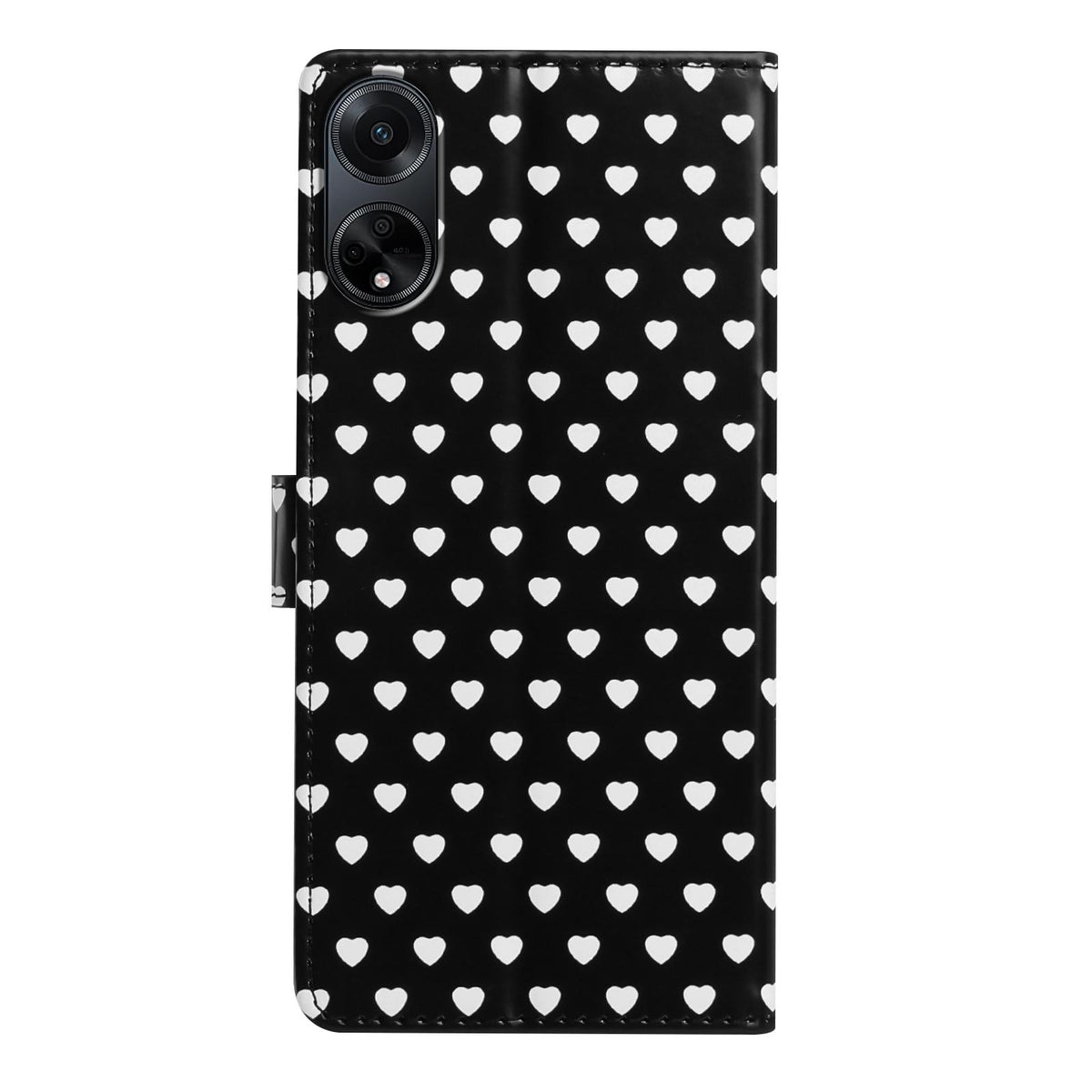 For OPPO A98 Hearts Pattern Buckle Vegan Leather Phone Case with Strap - Black Hearts - EDA009716210A