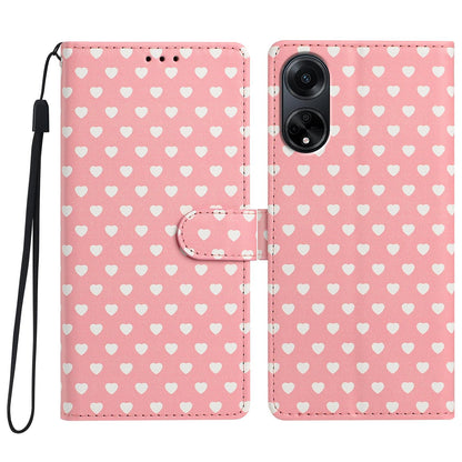 For OPPO A98 Hearts Pattern Buckle Vegan Leather Phone Case with Strap - Pink Hearts - EDA009716210B