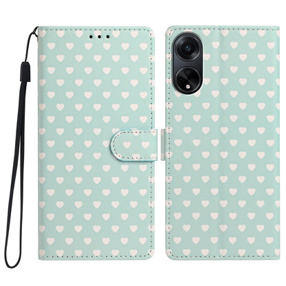 For OPPO A98 Hearts Pattern Buckle Vegan Leather Phone Case with Strap - Mint Green Hearts - EDA009716210D