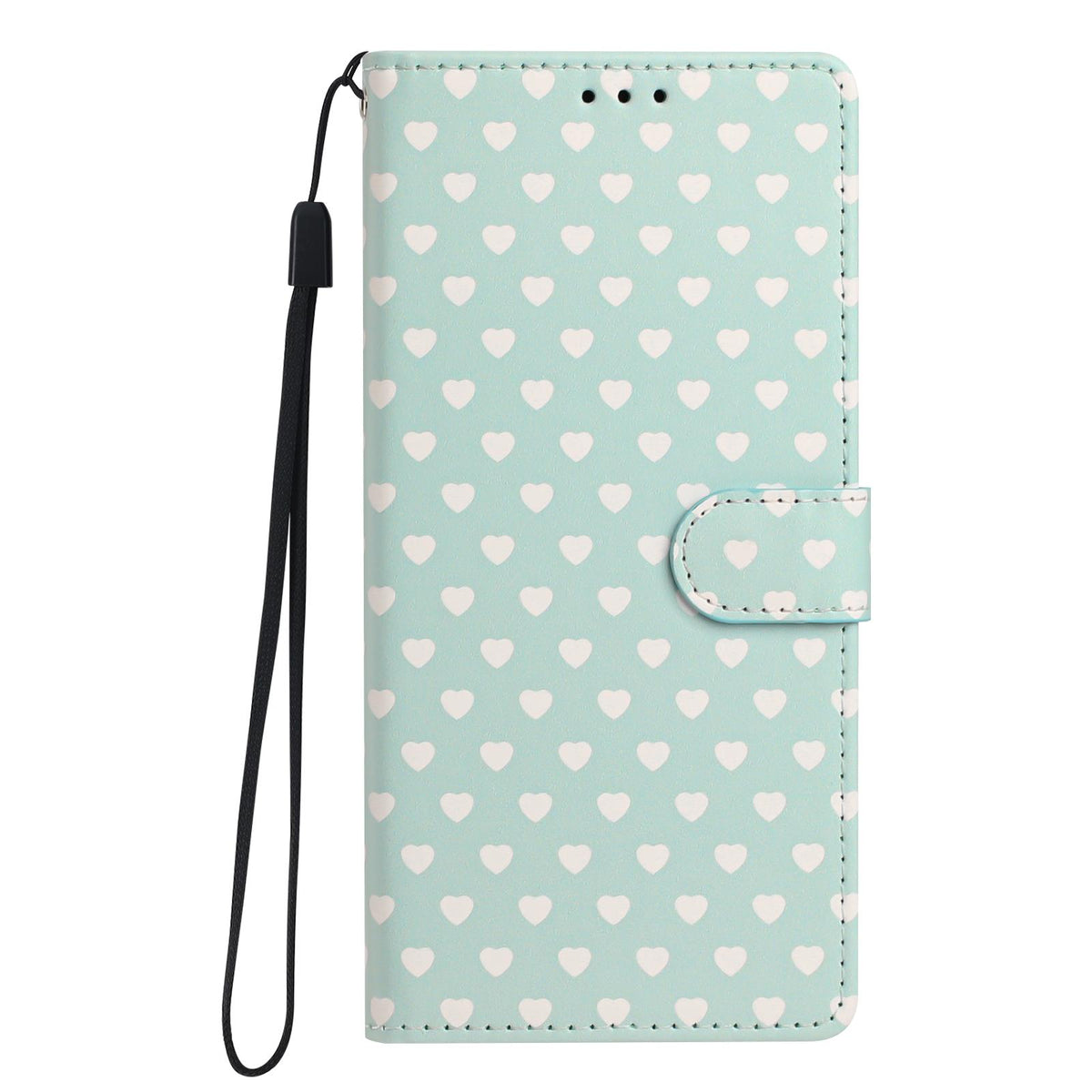 For OPPO A98 Hearts Pattern Buckle Vegan Leather Phone Case with Strap - Mint Green Hearts - EDA009716210D