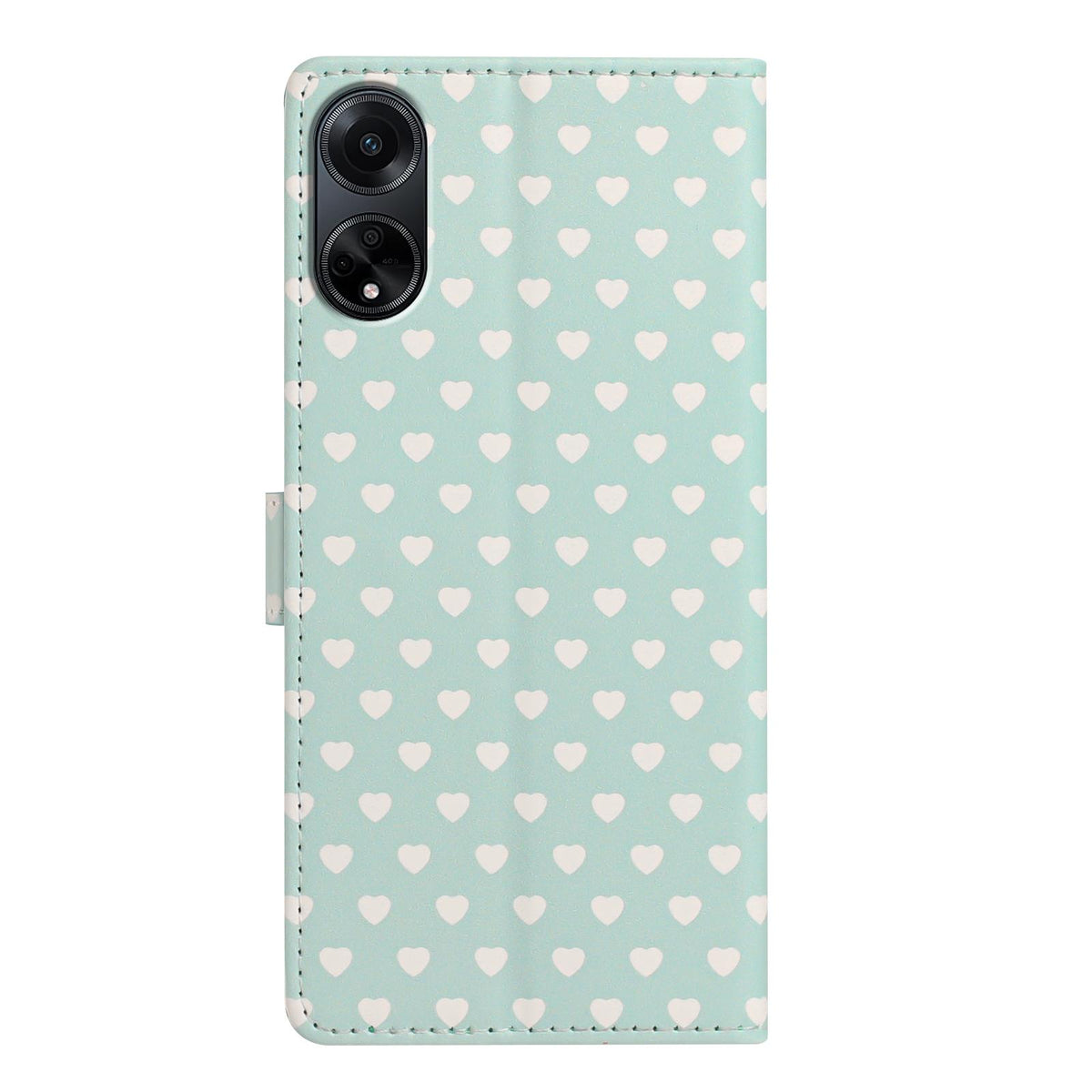 For OPPO A98 Hearts Pattern Buckle Vegan Leather Phone Case with Strap - Mint Green Hearts - EDA009716210D