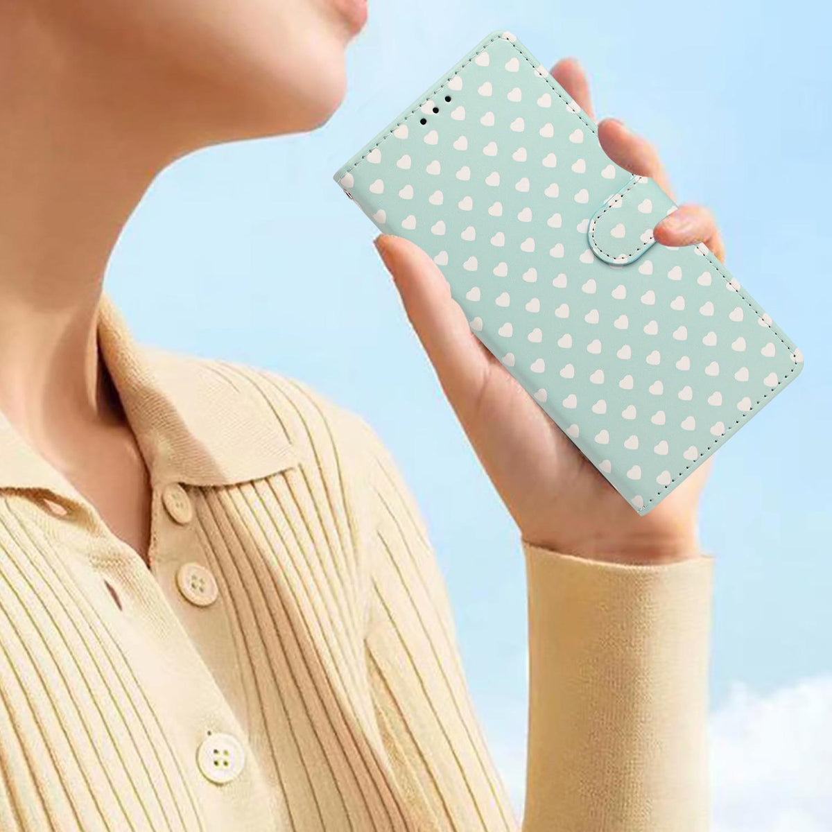 For OPPO A98 Hearts Pattern Buckle Vegan Leather Phone Case with Strap - Mint Green Hearts - EDA009716210D