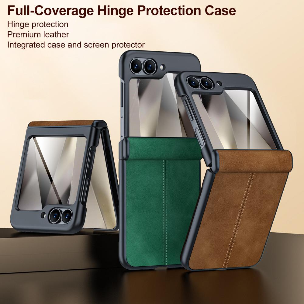For Galaxy Z Flip6 5G Film Integrated Sheepskin Texture Stitched Magnetic Hinge Phone Case - Brown - EDA009716501F