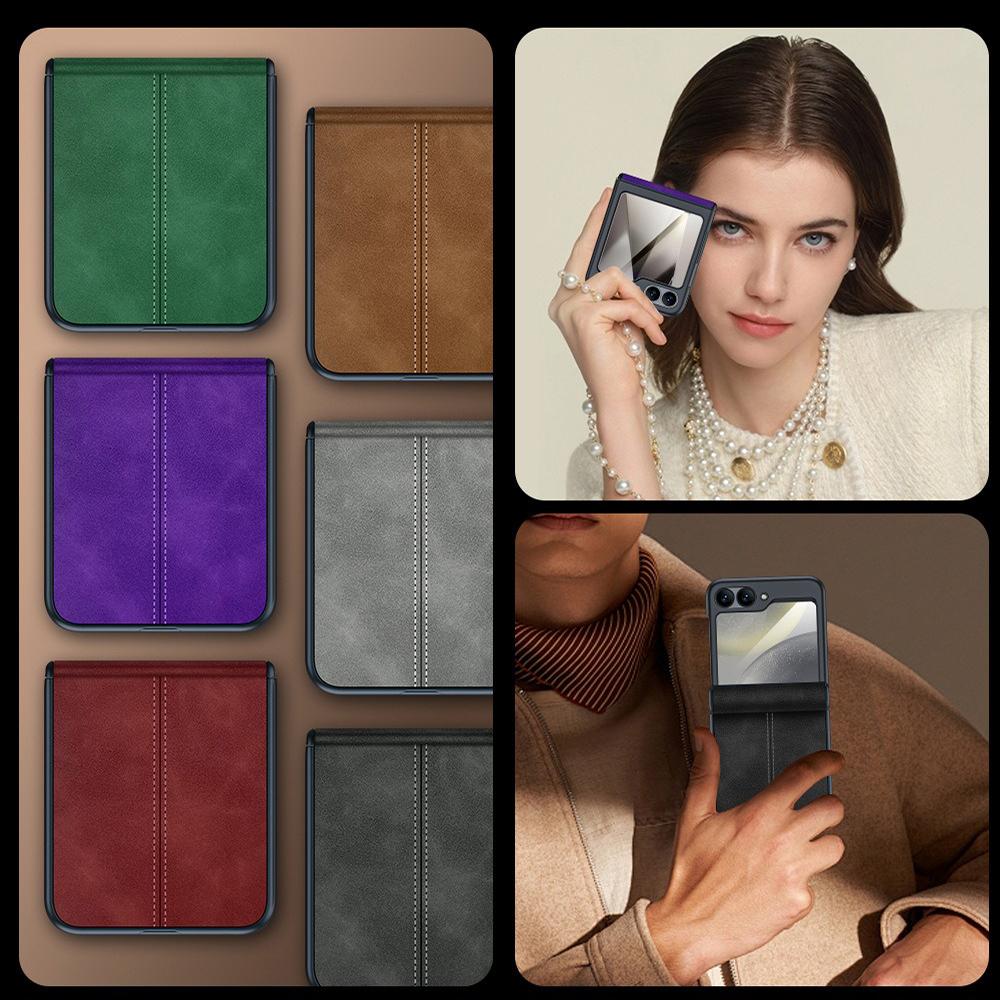 For Galaxy Z Flip6 5G Film Integrated Sheepskin Texture Stitched Magnetic Hinge Phone Case - Brown - EDA009716501F