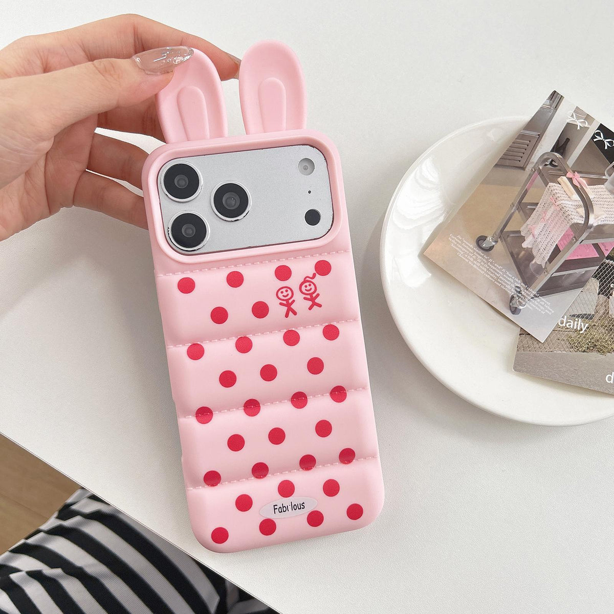 For iPhone 14 Pro Bunny Ears Puffer Dots Figure TPU Phone Case - Pink - EDA009717005E
