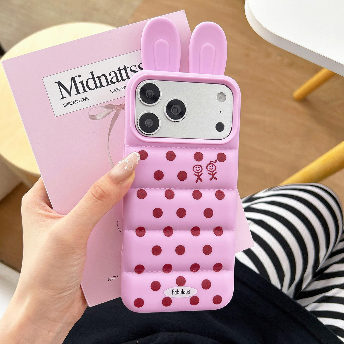 For iPhone 15 Pro Max Bunny Ears Puffer Dots Figure TPU Phone Case - Rose Red - EDA009717009C