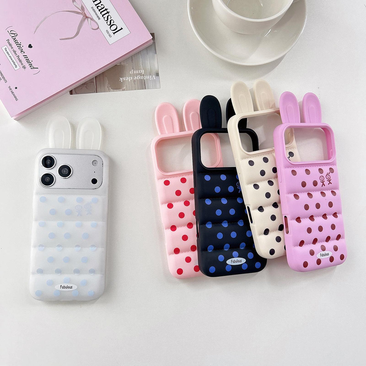 For iPhone 16 Bunny Ears Puffer Dots Figure TPU Phone Case - Rose Red - EDA009717010C