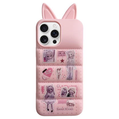 For iPhone 14 Pro Max Bunny Ears Puffer Cartoon Characters TPU Phone Case - Pink - EDA009717406B