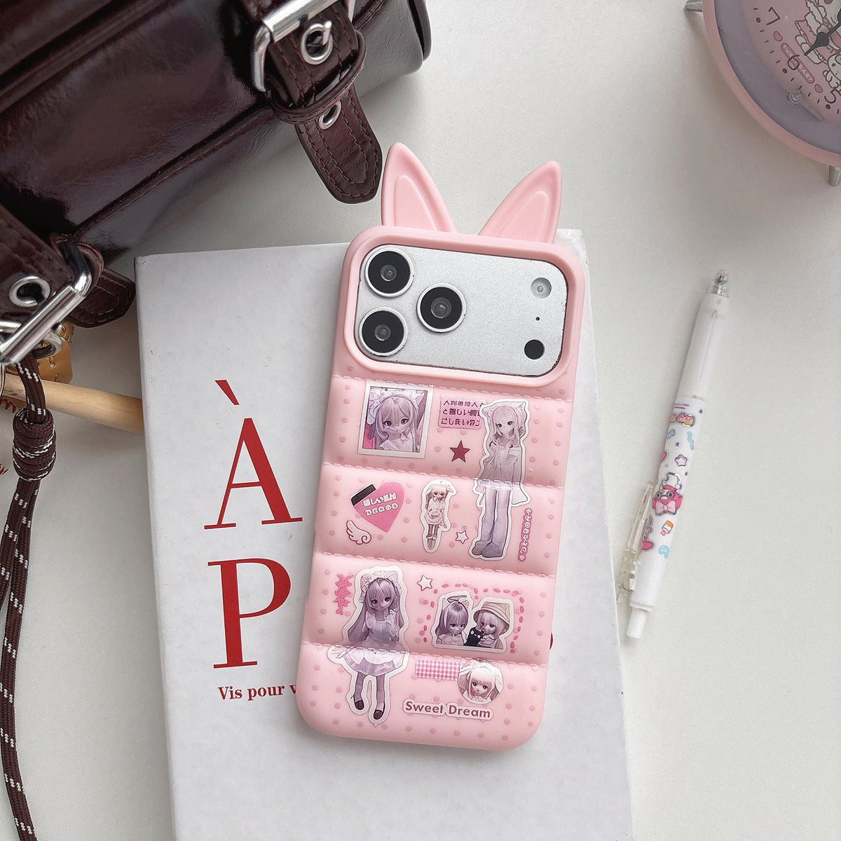 For iPhone 14 Pro Max Bunny Ears Puffer Cartoon Characters TPU Phone Case - Pink - EDA009717406B