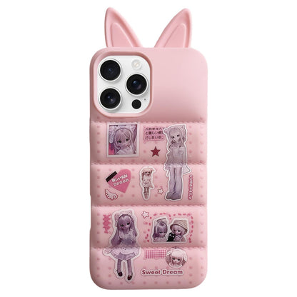 For iPhone 16 Pro Bunny Ears Puffer Cartoon Characters TPU Phone Case - Pink - EDA009717411B