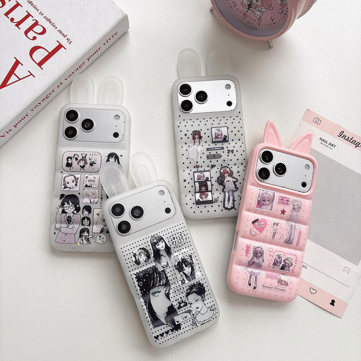 For iPhone 14 Pro Max Bunny Ears Puffer Cartoon Characters TPU Phone Case - Hearted Girl - EDA009717406A