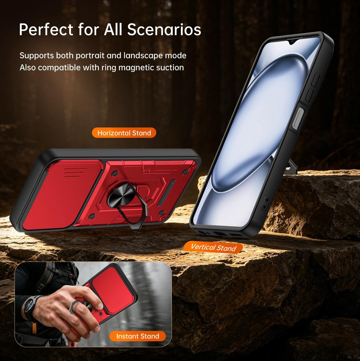 For Itel A100C 4G Nanshan Armor Sliding Camshield Ring Holder Phone Case - Orange - EDA009718102A