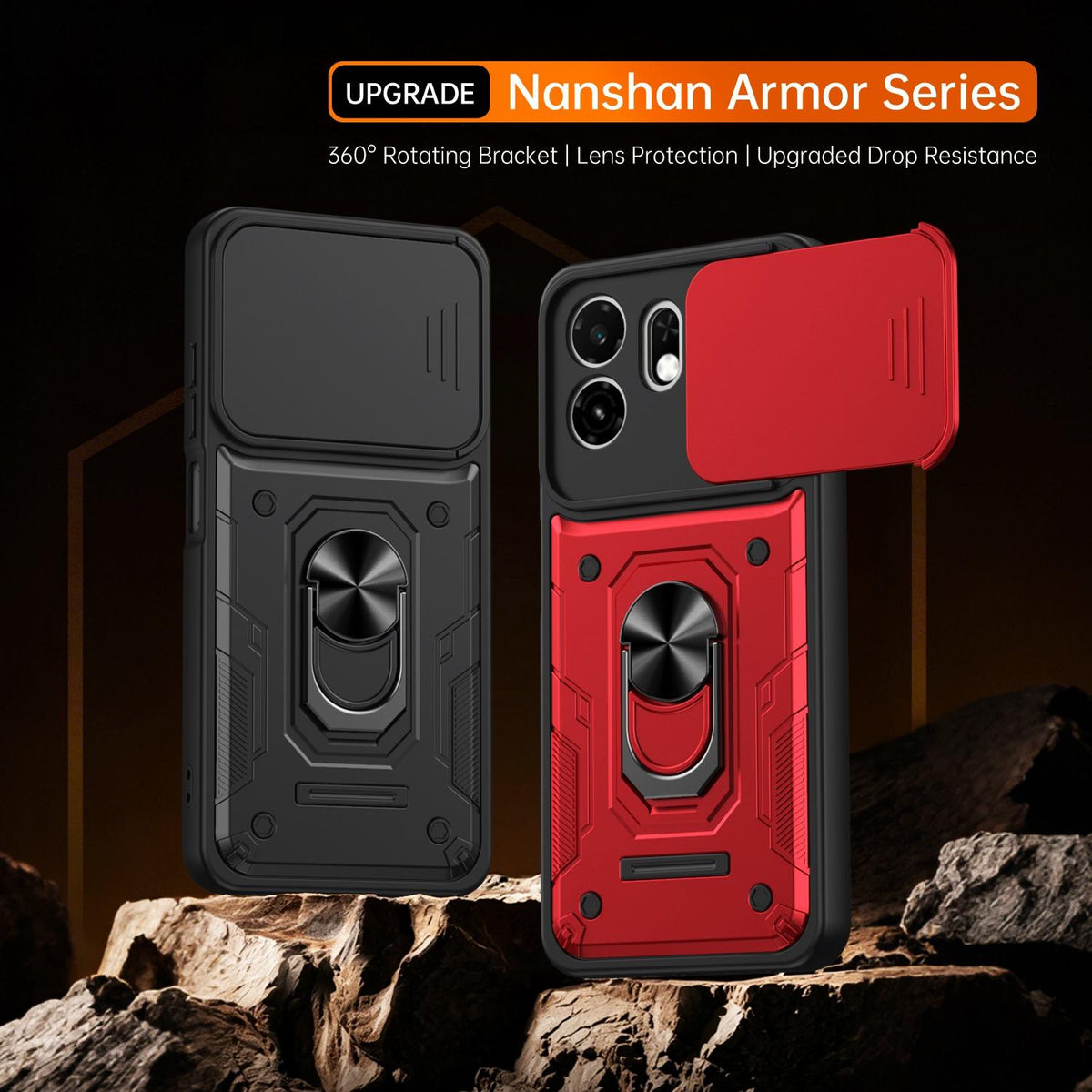 For Itel A100C 4G Nanshan Armor Sliding Camshield Ring Holder Phone Case - Black - EDA009718102C