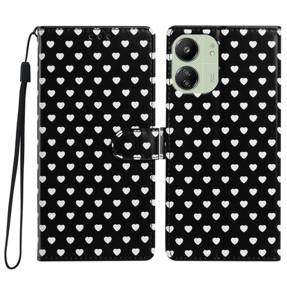 For Redmi 13C 5G Hearts Pattern Buckle Vegan Leather Phone Case with Strap - Black Hearts - EDA009718701A