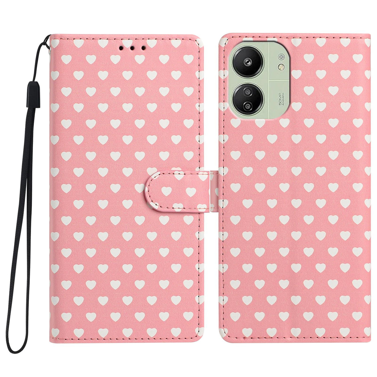 For Redmi 13C 5G Hearts Pattern Buckle Vegan Leather Phone Case with Strap - Pink Hearts - EDA009718701B