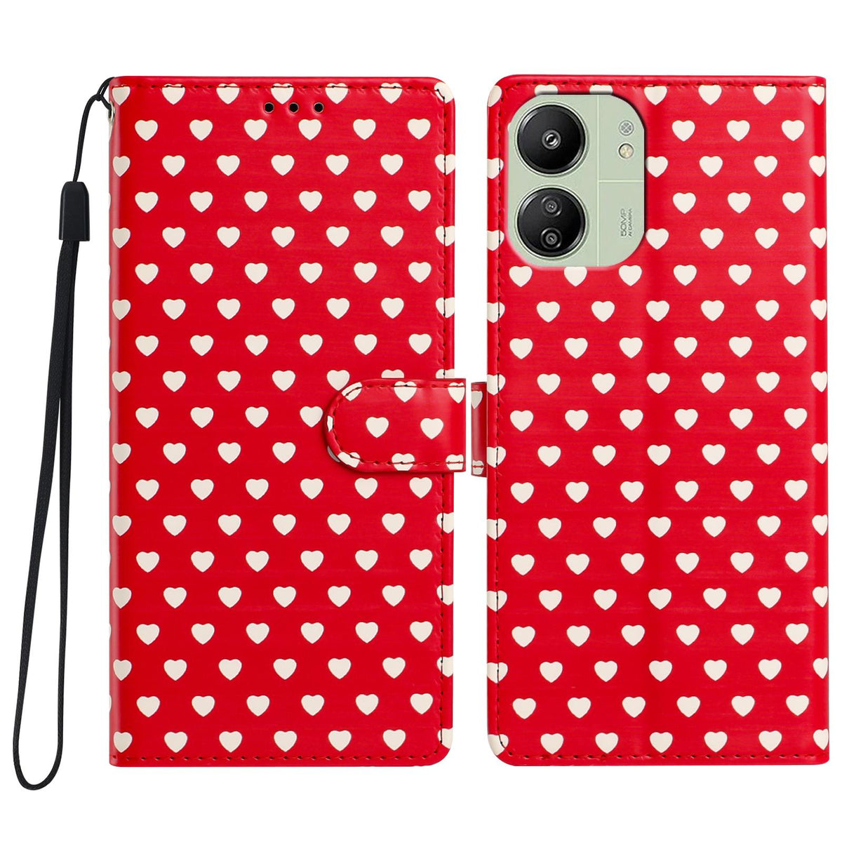 For Redmi 13C 5G Hearts Pattern Buckle Vegan Leather Phone Case with Strap - Red Hearts - EDA009718701C