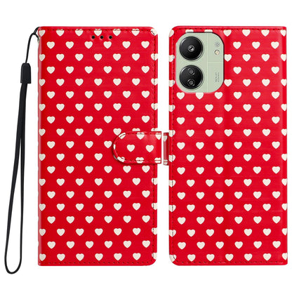 For Redmi 13C 5G Hearts Pattern Buckle Vegan Leather Phone Case with Strap - Red Hearts - EDA009718701C