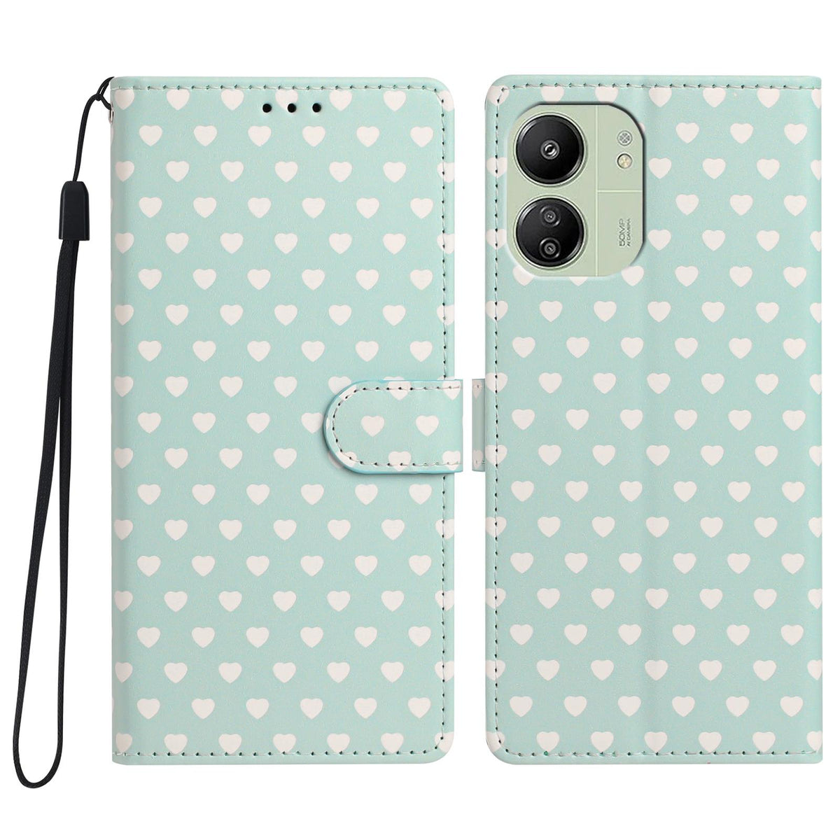 For Redmi 13C 5G Hearts Pattern Buckle Vegan Leather Phone Case with Strap - Mint Green Hearts - EDA009718701D