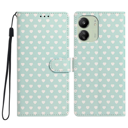 For Redmi 13C 5G Hearts Pattern Buckle Vegan Leather Phone Case with Strap - Mint Green Hearts - EDA009718701D