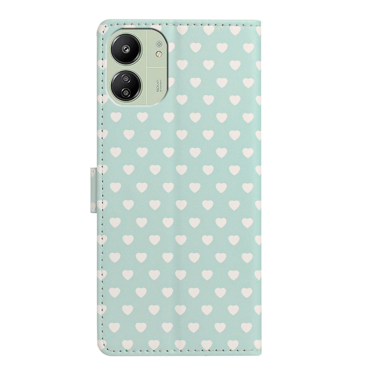 For Redmi 13C 5G Hearts Pattern Buckle Vegan Leather Phone Case with Strap - Mint Green Hearts - EDA009718701D