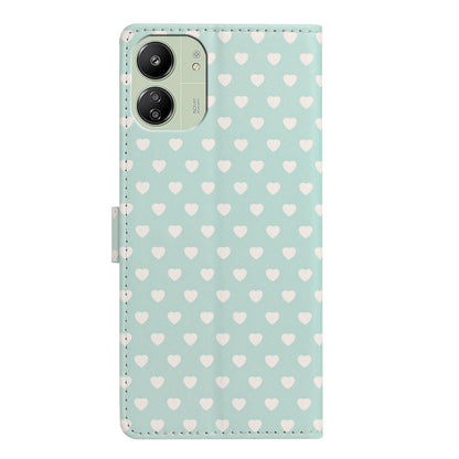 For Redmi 13C 5G Hearts Pattern Buckle Vegan Leather Phone Case with Strap - Mint Green Hearts - EDA009718701D
