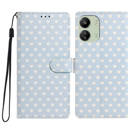 For Redmi 13C 5G Hearts Pattern Buckle Vegan Leather Phone Case with Strap - Blue Hearts - EDA009718701E