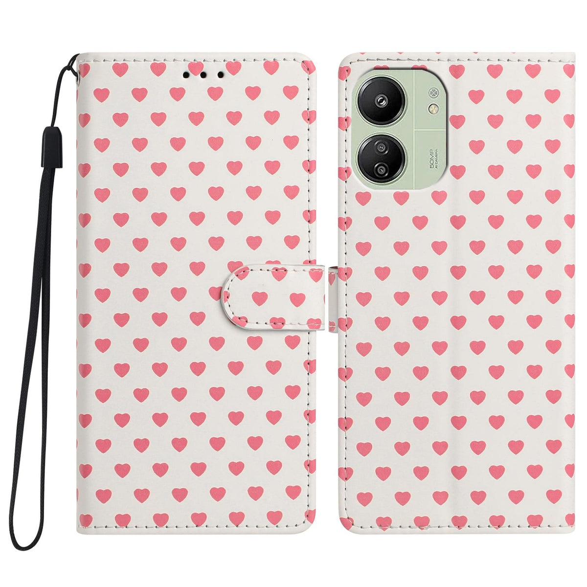 For Redmi 13C 5G Hearts Pattern Buckle Vegan Leather Phone Case with Strap - Beige Hearts - EDA009718701F