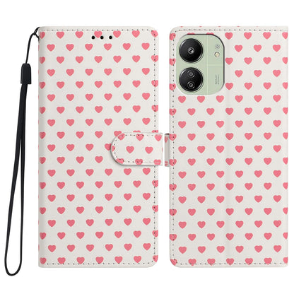 For Redmi 13C 5G Hearts Pattern Buckle Vegan Leather Phone Case with Strap - Beige Hearts - EDA009718701F