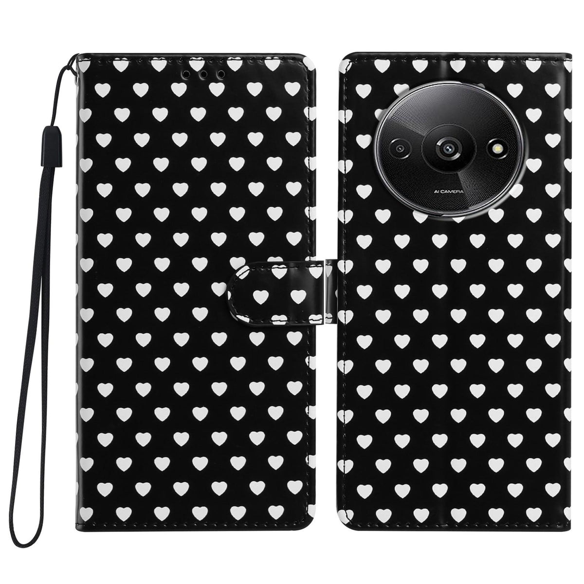 For Redmi A3 Hearts Pattern Buckle Vegan Leather Phone Case with Strap - Black Hearts - EDA009718703A