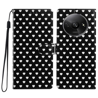 For Redmi A3 Hearts Pattern Buckle Vegan Leather Phone Case with Strap - Black Hearts - EDA009718703A