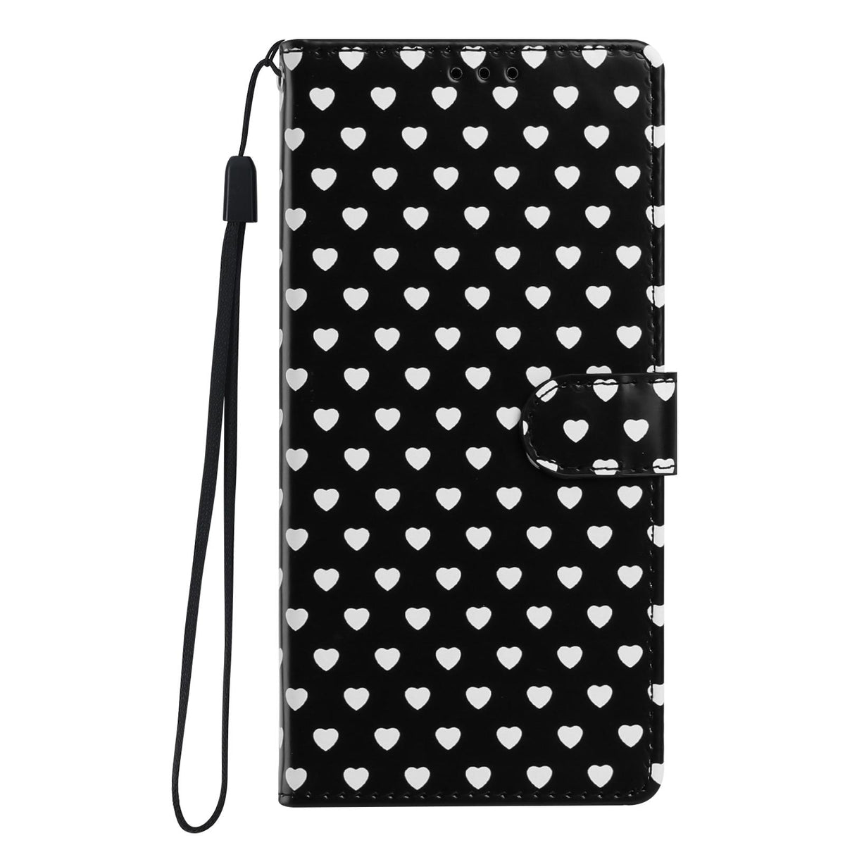 For Redmi A3 Hearts Pattern Buckle Vegan Leather Phone Case with Strap - Black Hearts - EDA009718703A