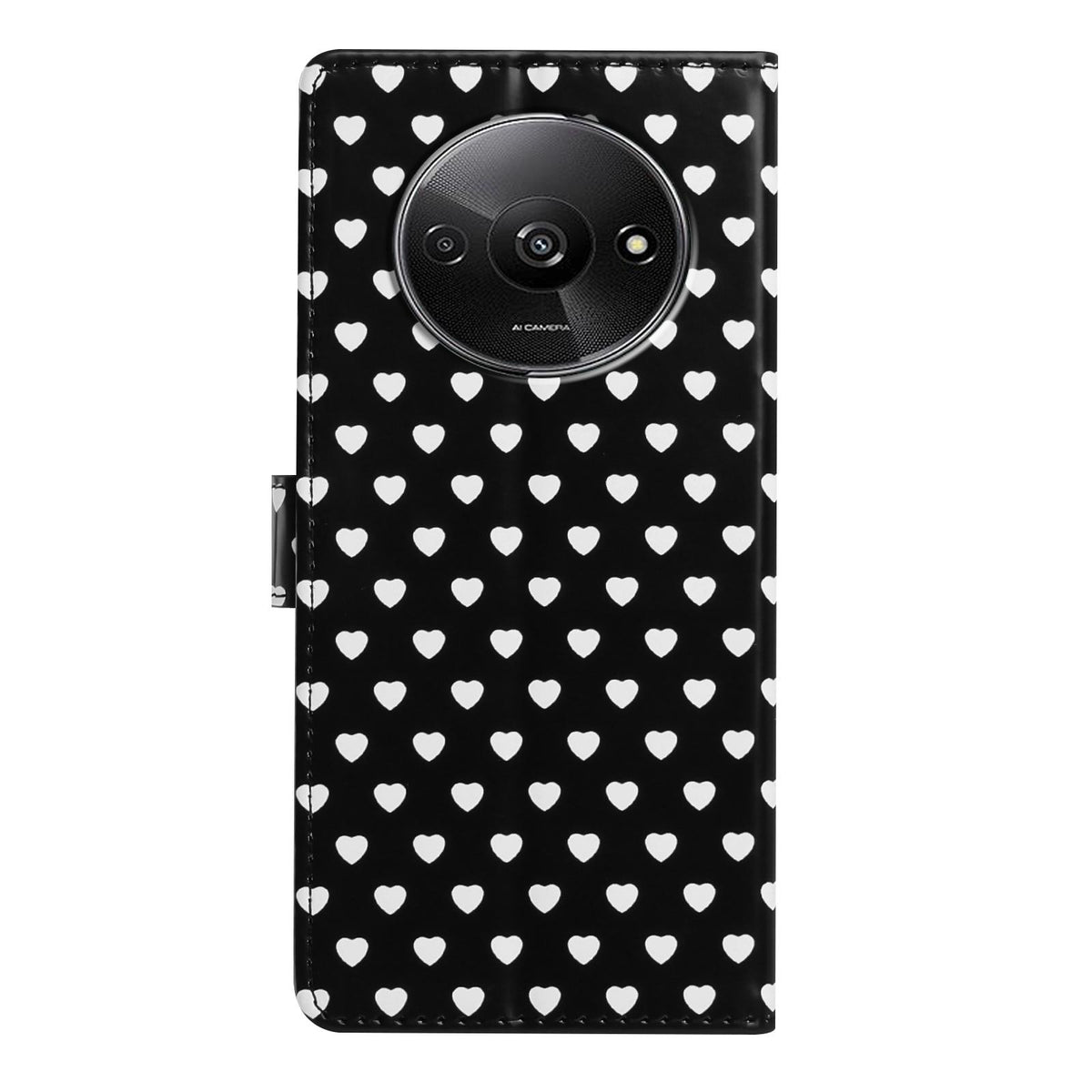 For Redmi A3 Hearts Pattern Buckle Vegan Leather Phone Case with Strap - Black Hearts - EDA009718703A