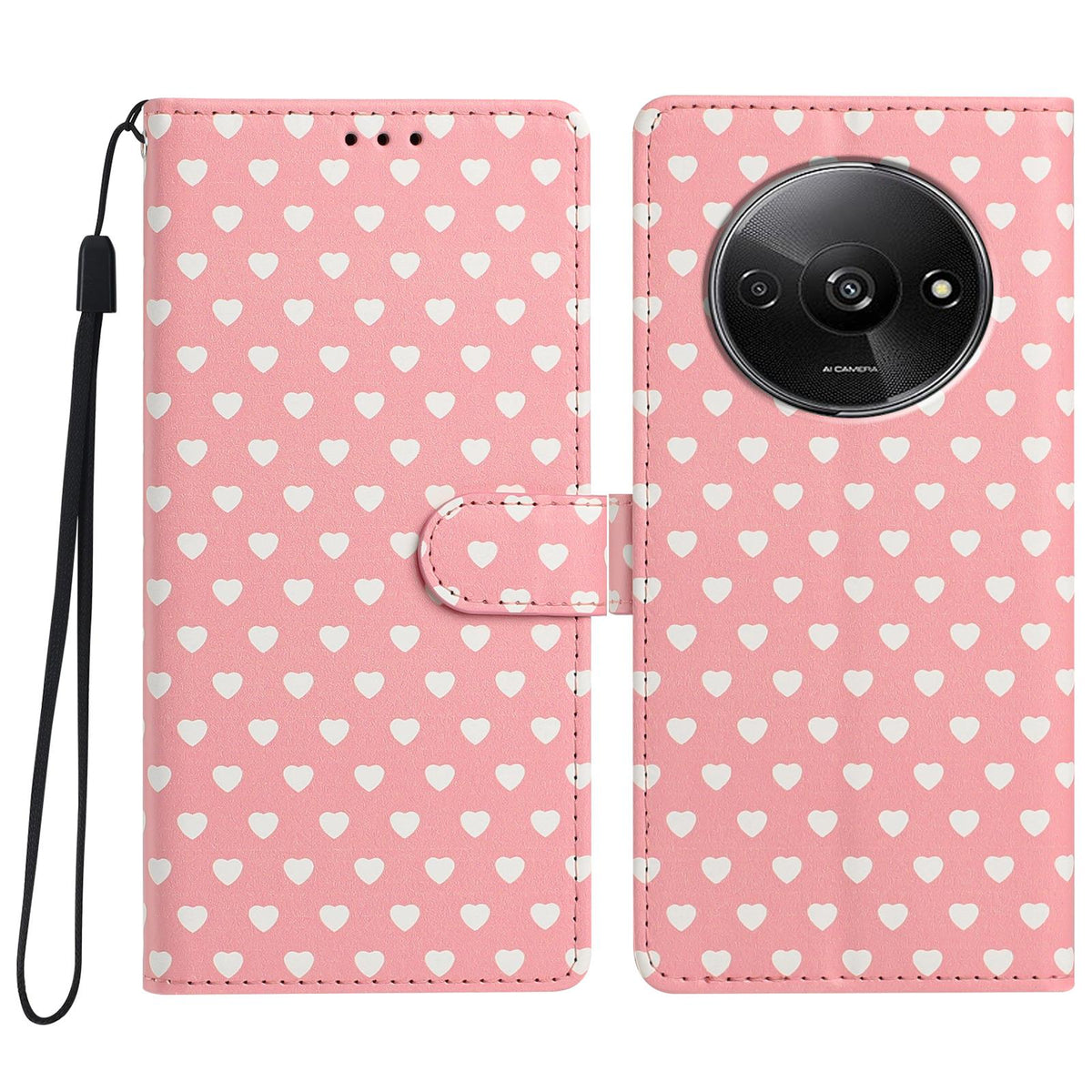 For Redmi A3 Hearts Pattern Buckle Vegan Leather Phone Case with Strap - Pink Hearts - EDA009718703B