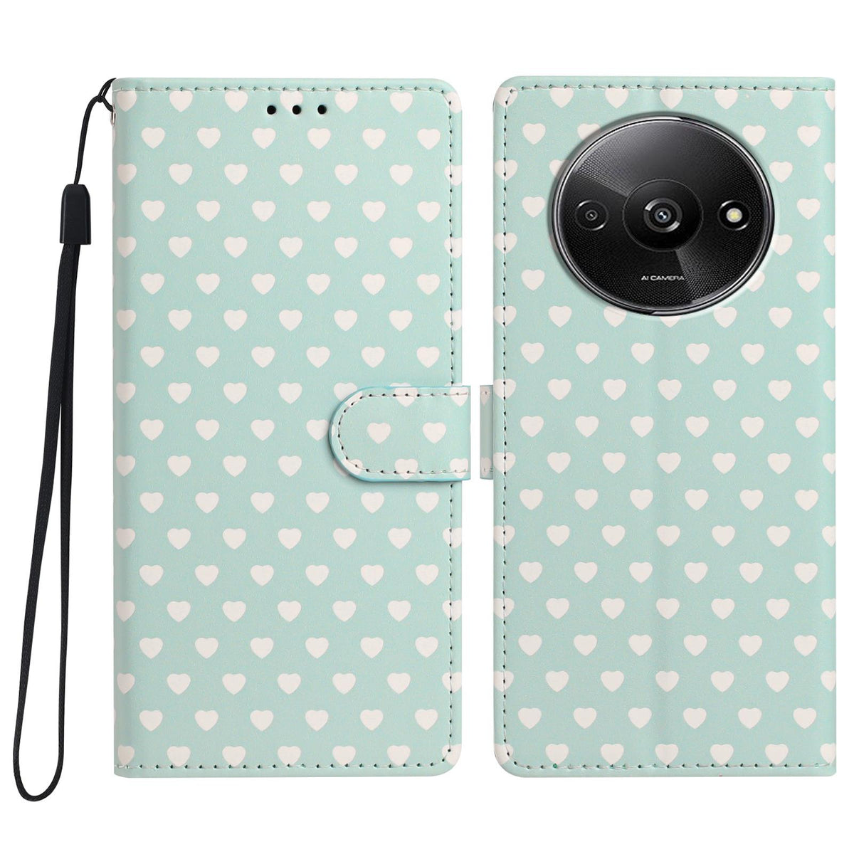 For Redmi A3 Hearts Pattern Buckle Vegan Leather Phone Case with Strap - Mint Green Hearts - EDA009718703D